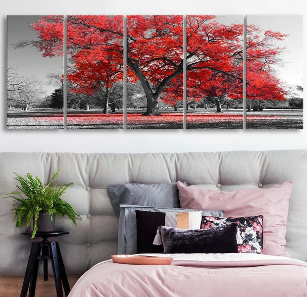 Stretched Canvas Landscape Art - Autumn In The Park Narrow Red