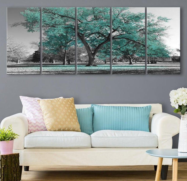 Stretched Canvas Landscape Art - Autumn In The Park Narrow Turquoise