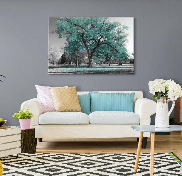 Stretched Canvas Landscape Art - Autumn In The Park Wide Turquoise
