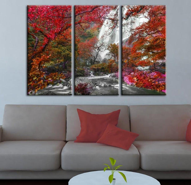Stretched Canvas Landscape Art - Beautiful Waterfall: Autumnal Forest