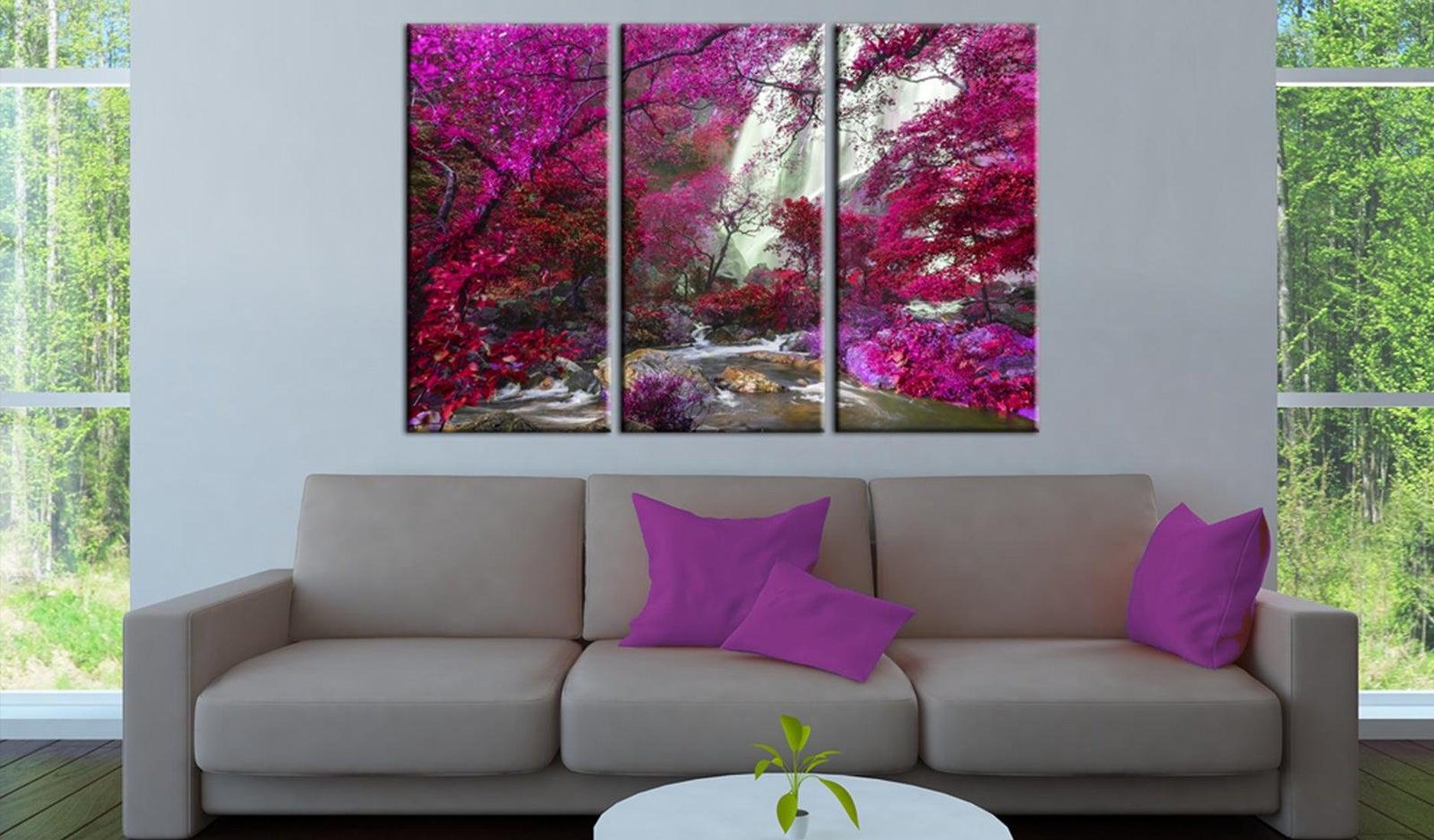 Stretched Canvas Landscape Art - Beautiful Waterfall: Pink Forest