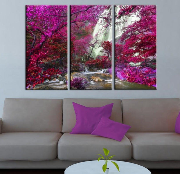 Stretched Canvas Landscape Art - Beautiful Waterfall: Pink Forest
