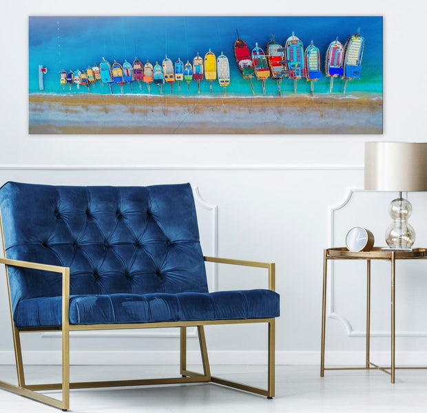 Stretched Canvas Landscape Art - Colourful Boats Narrow