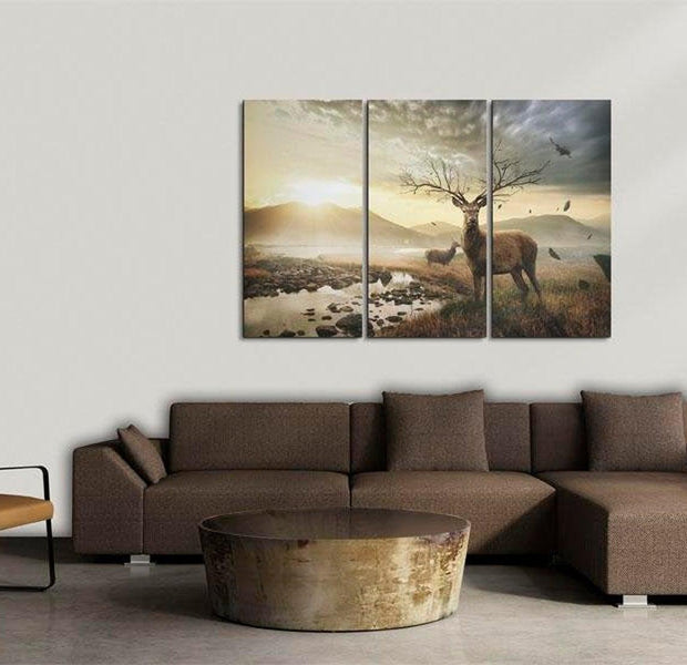 Stretched Canvas Landscape Art - Deer With A Tree-Like Antlers