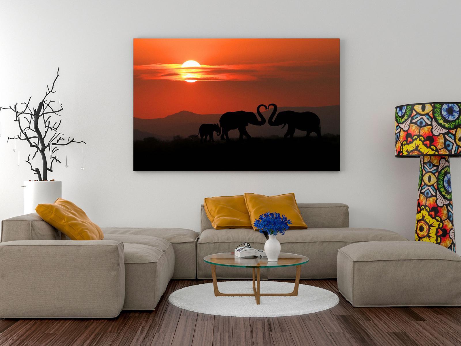 Stretched Canvas Landscape Art - Elephants In Love Wide