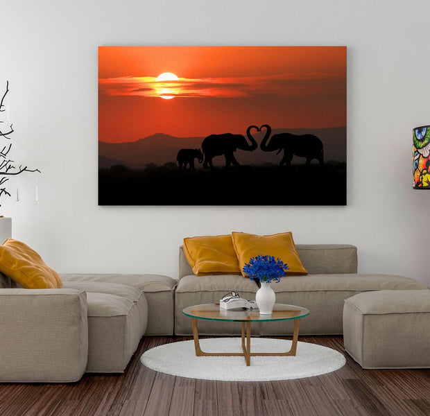 Stretched Canvas Landscape Art - Elephants In Love Wide