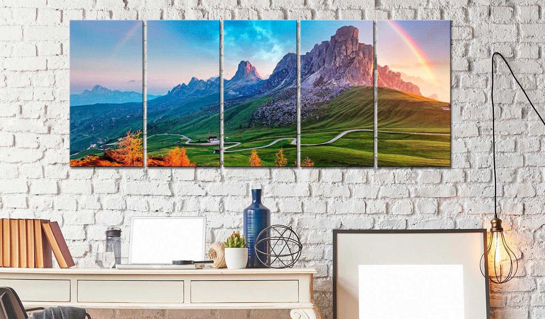 Stretched Canvas Landscape Art - Rainbow In The Alps 5 Piece