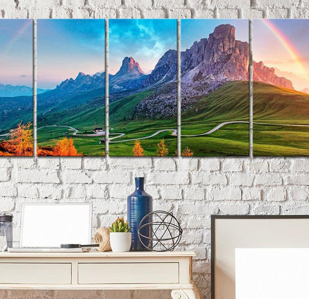 Stretched Canvas Landscape Art - Rainbow In The Alps 5 Piece