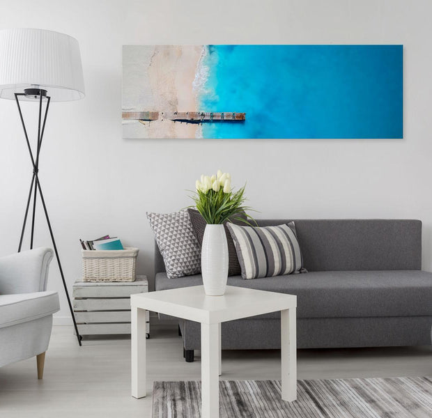 Stretched Canvas Landscape Art - Sea And Wooden Bridge Narrow Blue