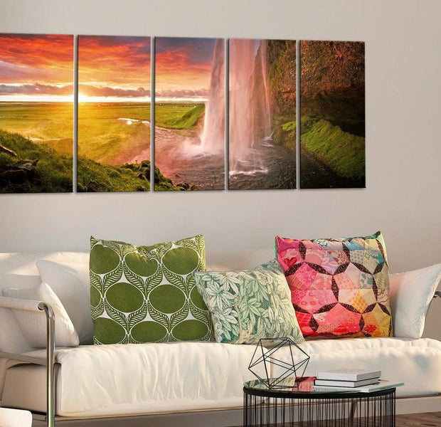 Stretched Canvas Landscape Art - Sunset Waterfall 5 Piece