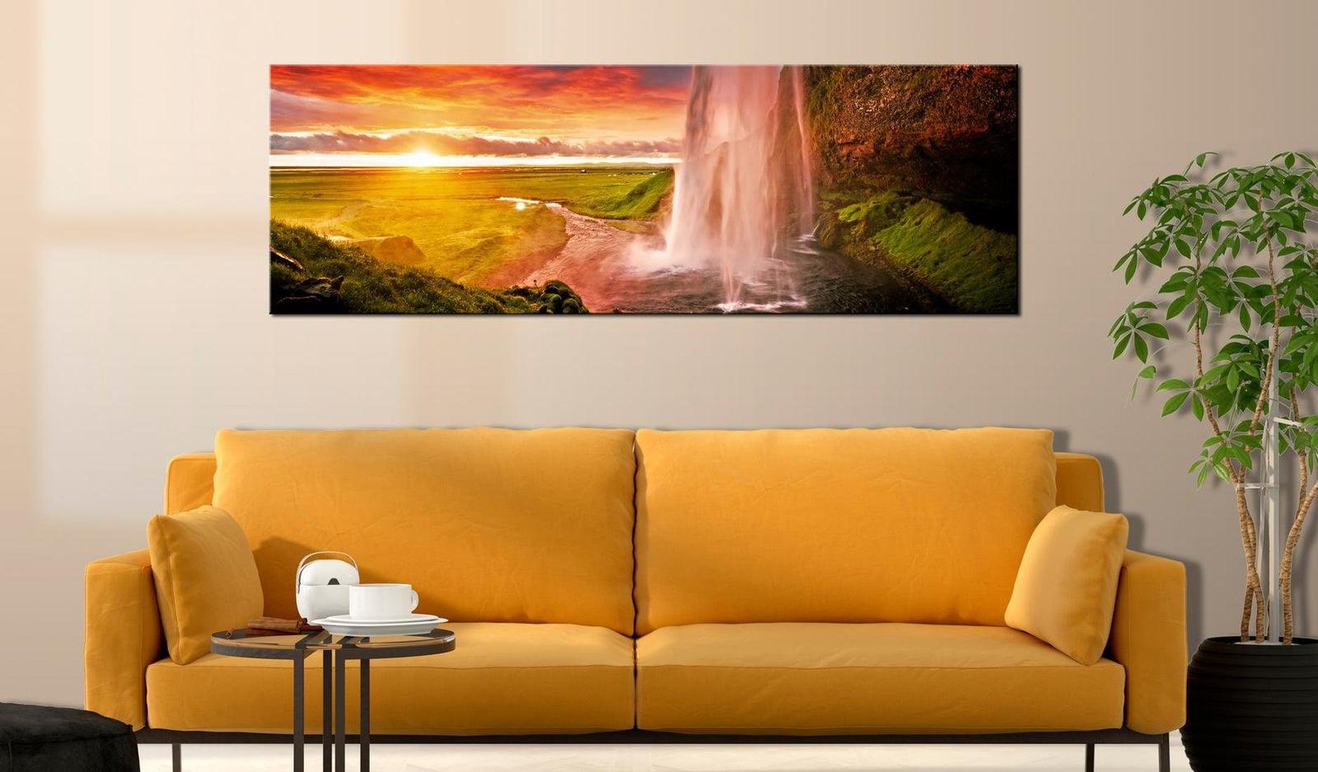 Stretched Canvas Landscape Art - Sunset Waterfall