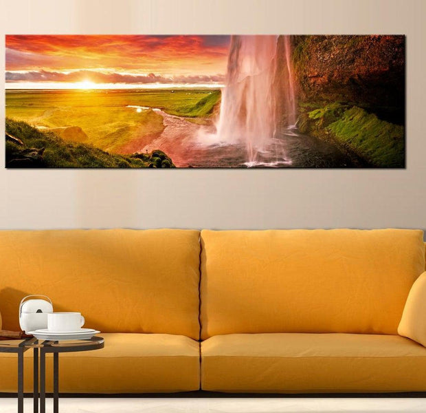 Stretched Canvas Landscape Art - Sunset Waterfall