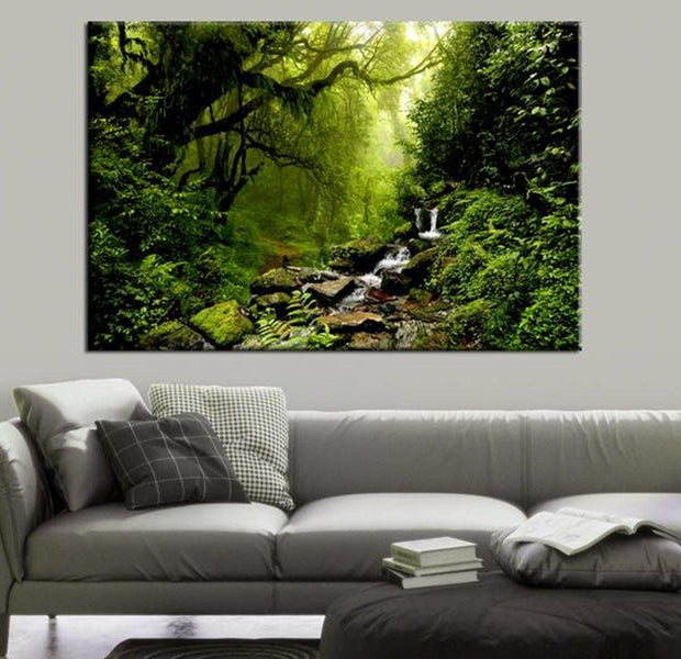 Stretched Canvas Landscape Art - Waterfall In The Forest
