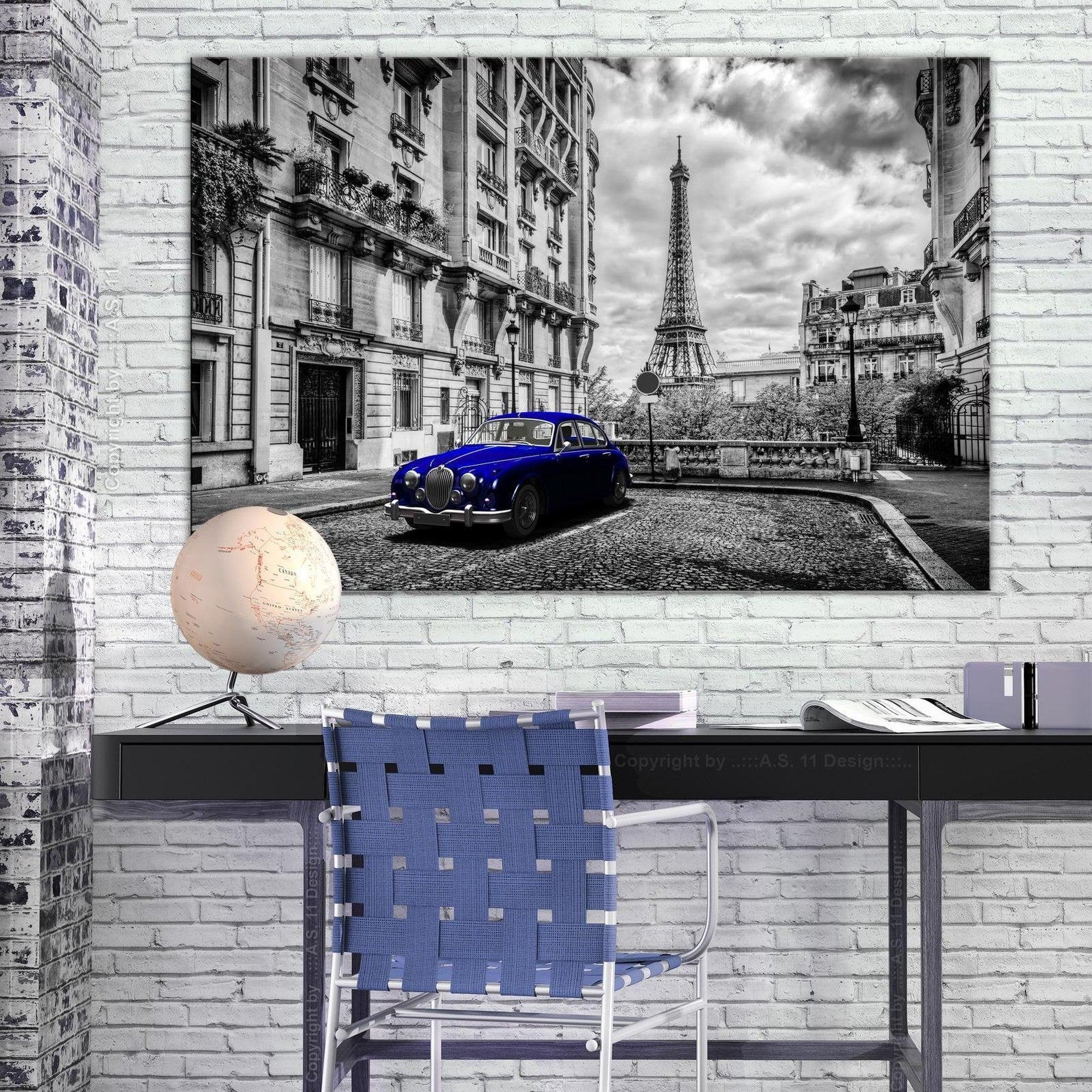 Stretched Canvas Wall Art - Car In Paris Blue Wide