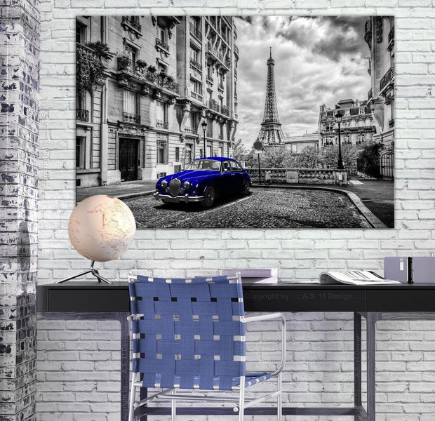 Stretched Canvas Wall Art - Car In Paris Blue Wide