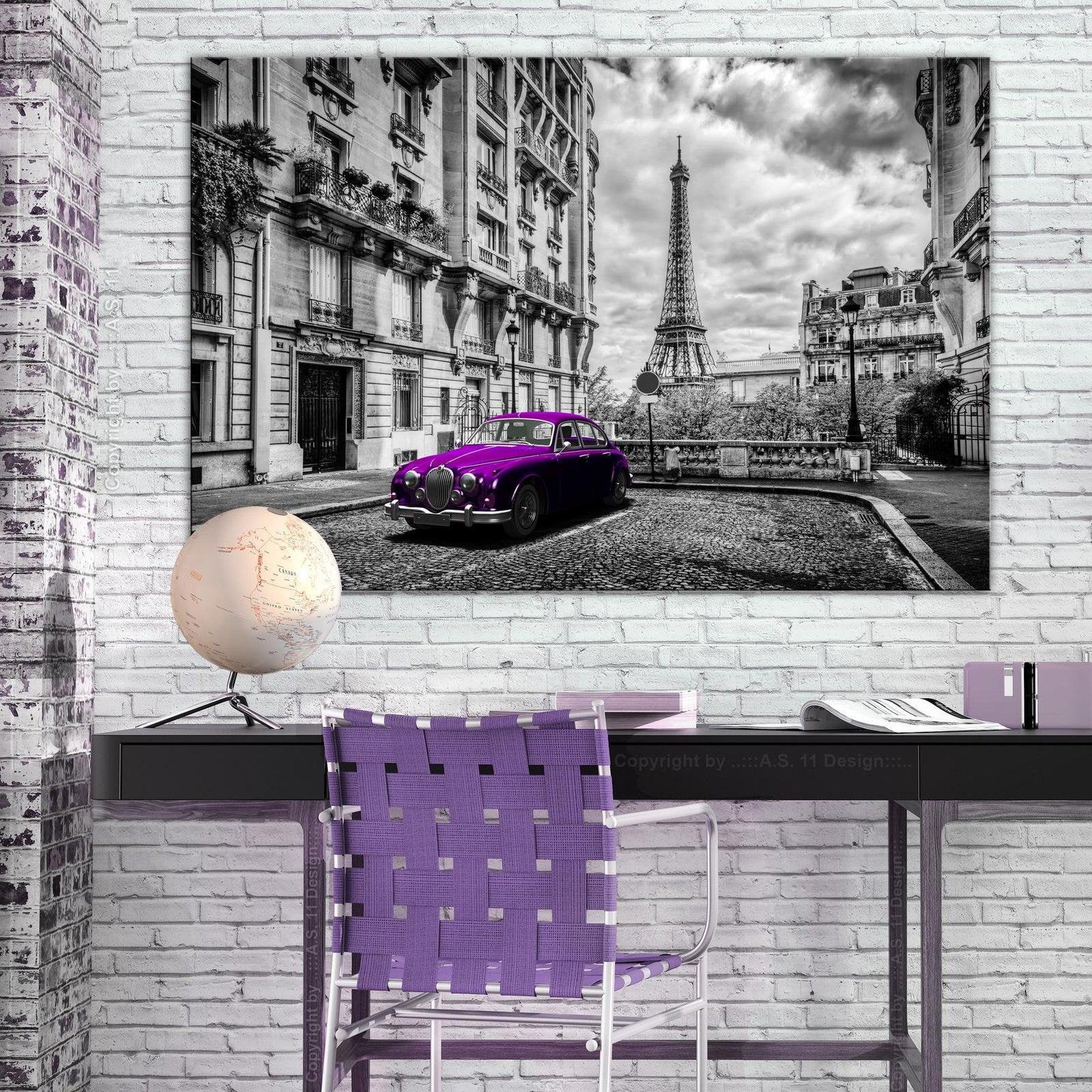 Stretched Canvas Wall Art - Car In Paris Violet Wide