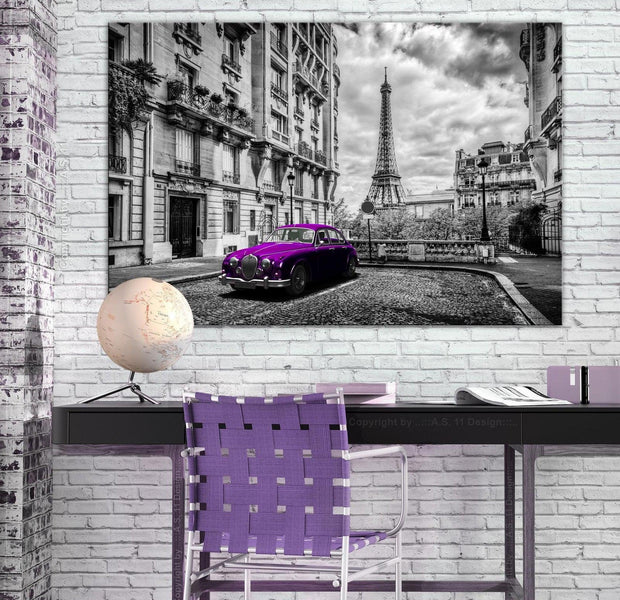 Stretched Canvas Wall Art - Car In Paris Violet Wide