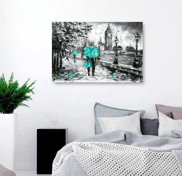 Stretched Canvas Wall Art - Walk In London Wide Turquoise