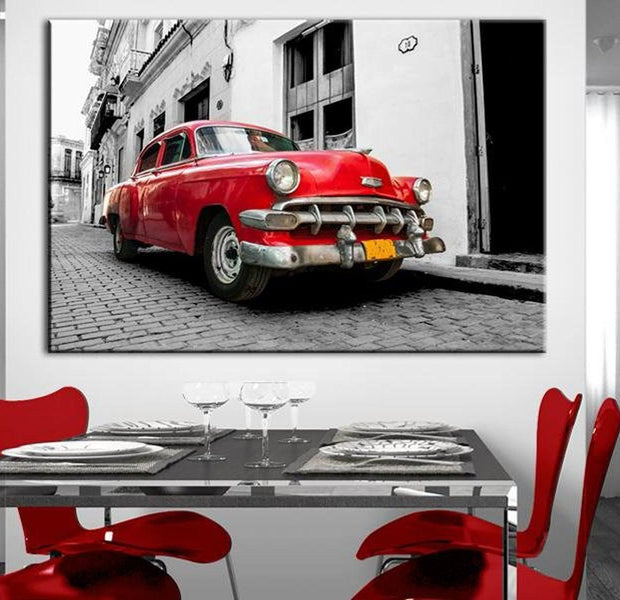Stretched Canvas Still Life Art - Cuban Classic Car (Red)