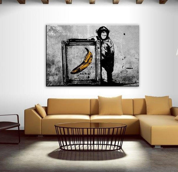 Stretched Canvas Street Art - Banksy: Banana In Frame With Monkey