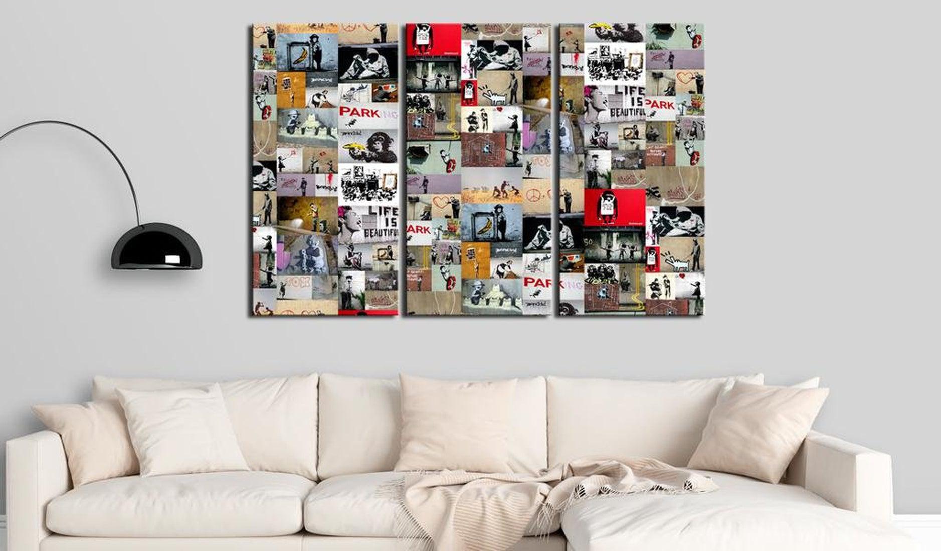 Stretched Canvas Street Art - Banksy Collage 3 Piece