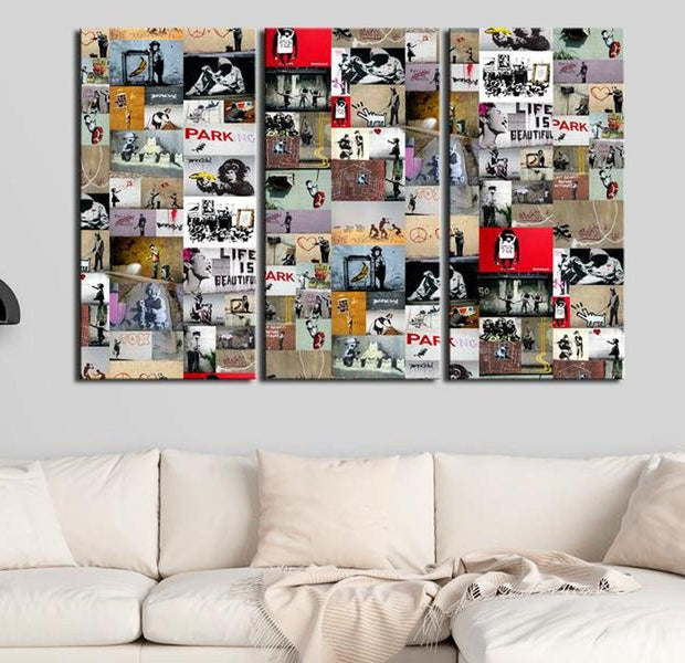 Stretched Canvas Street Art - Banksy Collage 3 Piece