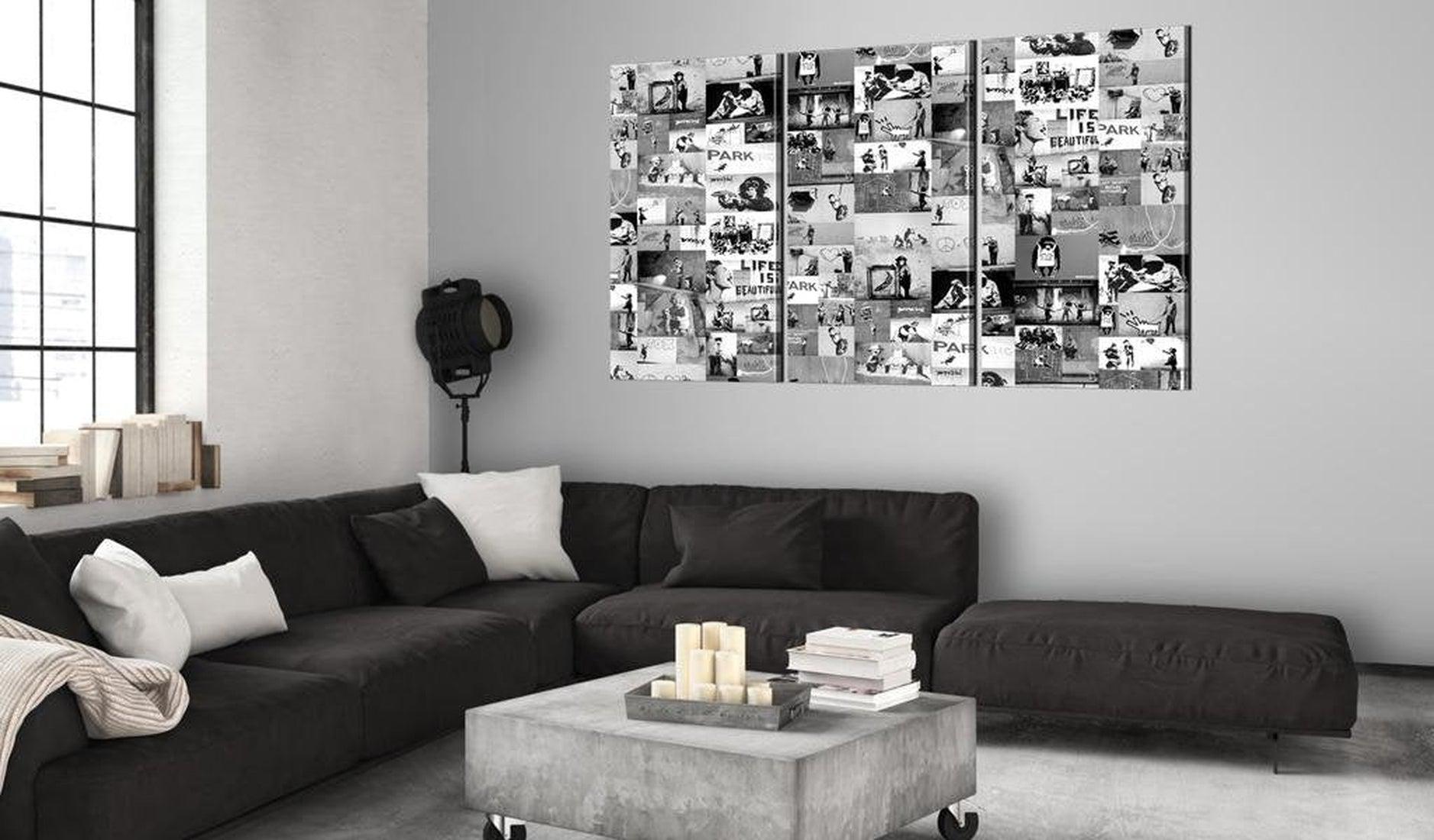 Stretched Canvas Street Art - Banksy Collage Black & White 3 Piece