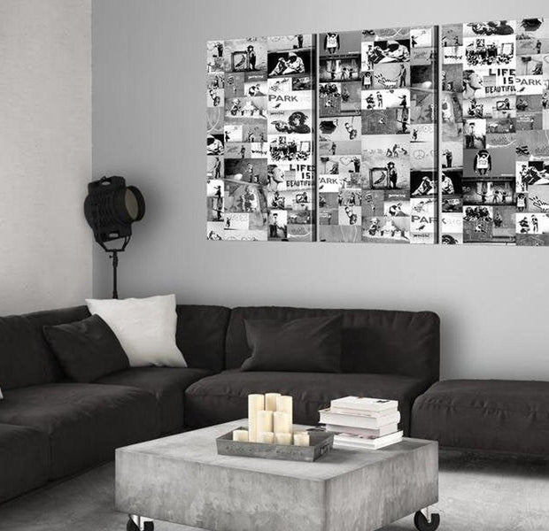 Stretched Canvas Street Art - Banksy Collage Black & White 3 Piece