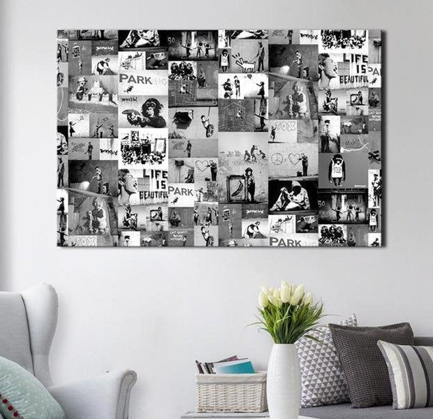 Stretched Canvas Street Art - Banksy Collage Black & White Wide