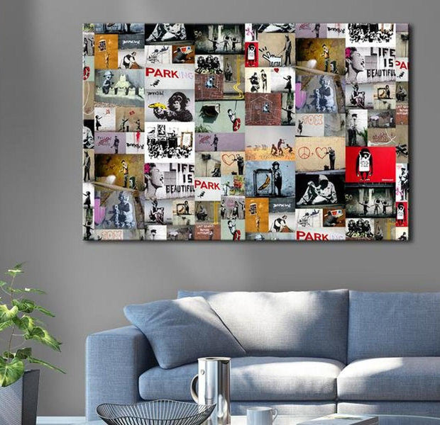 Stretched Canvas Street Art - Banksy Collage Multi