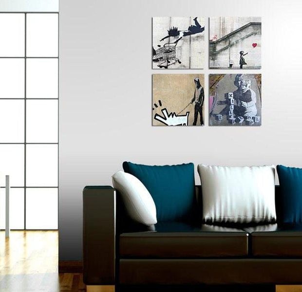 Stretched Canvas Street Art - Banksy Composition Barking Dog 4 Piece