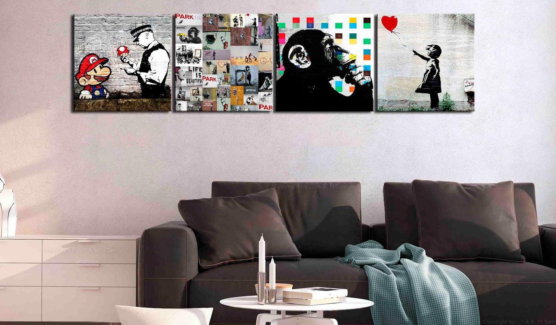 Stretched Canvas Street Art - Banksy Composition Mario 4 Piece