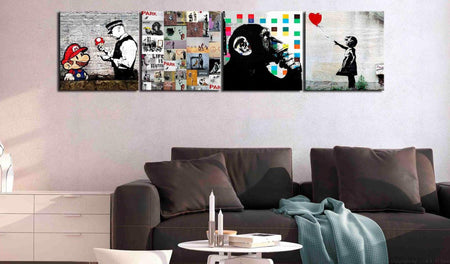 Stretched Canvas Street Art - Banksy Composition Mario 4 Piece