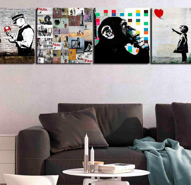 Stretched Canvas Street Art - Banksy Composition Mario 4 Piece
