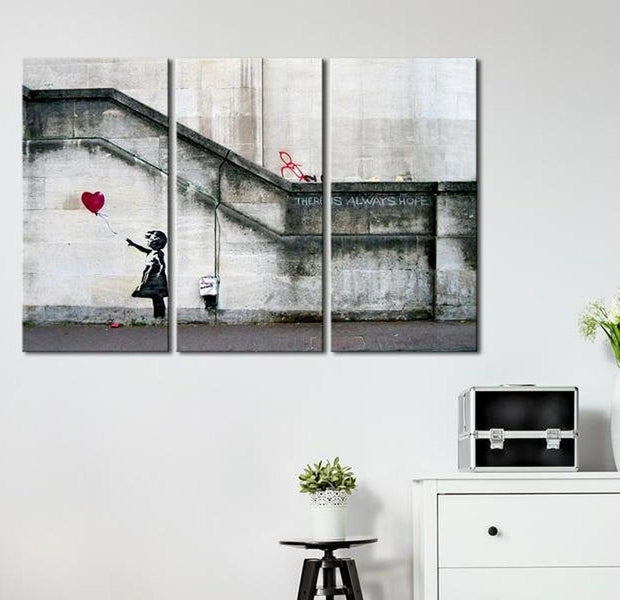 Stretched Canvas Street Art - Banksy: Girl With A Red Balloon 3 Piece
