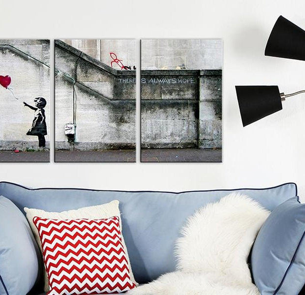 Stretched Canvas Street Art - Banksy: Girl With Red Balloon 3 Piece