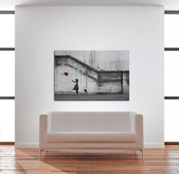 Stretched Canvas Street Art - Banksy: Girl With Red Balloon Wide