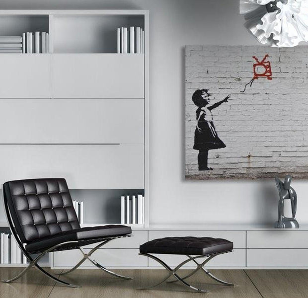 Stretched Canvas Street Art - Banksy: Girl With Tv