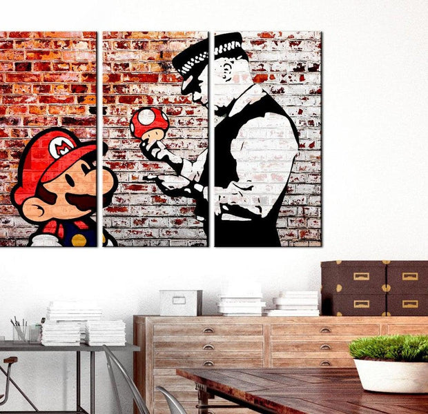 Stretched Canvas Street Art - Banksy: Mario And Cop On Brick 3 Piece