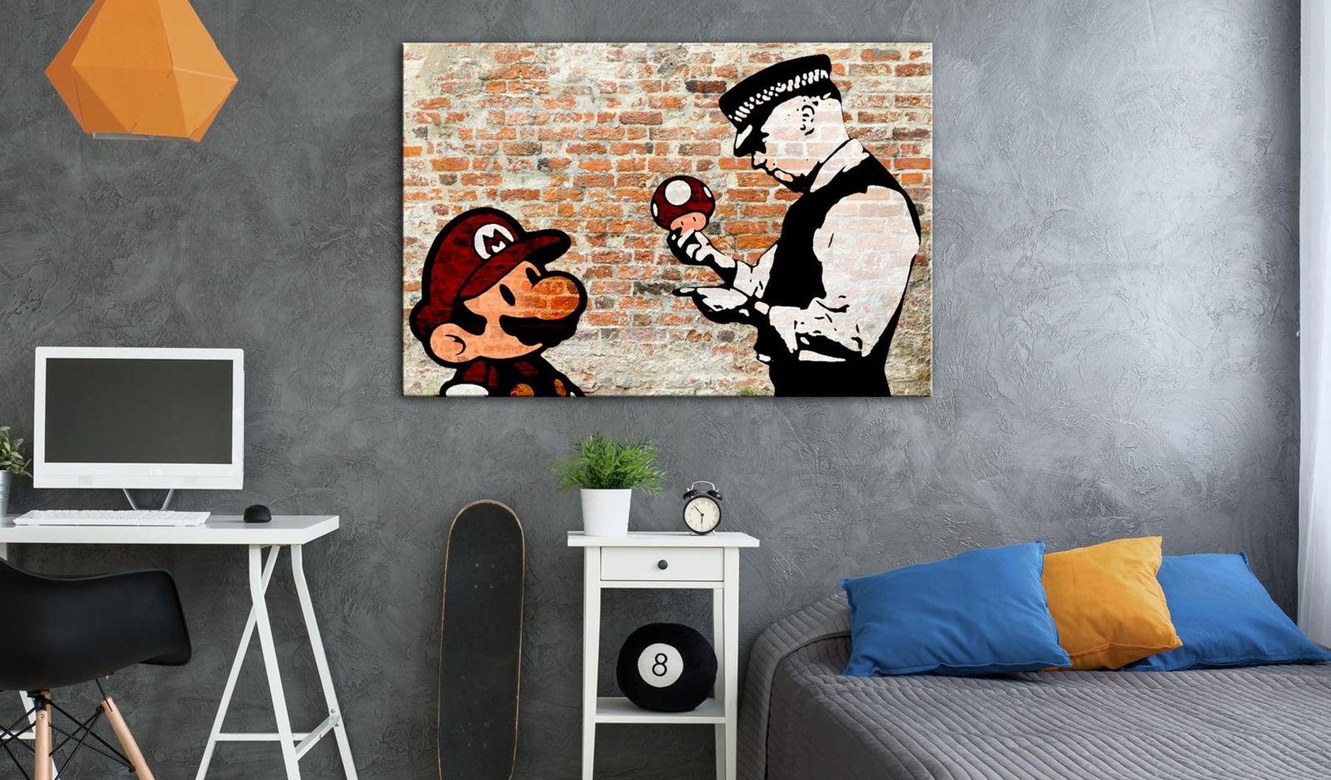 Stretched Canvas Street Art - Banksy: Mario And Police Brick