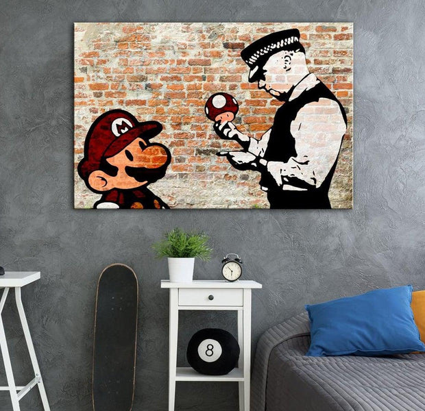 Stretched Canvas Street Art - Banksy: Mario And Police Brick
