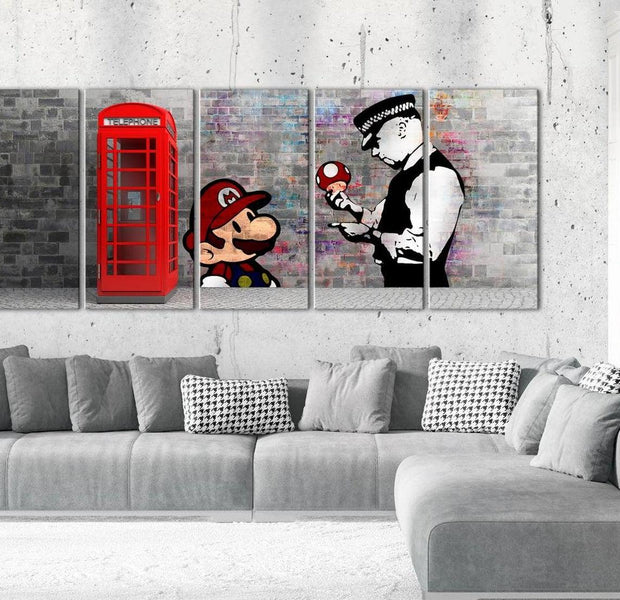 Stretched Canvas Street Art - Banksy: Mario And Police Officer 5 Piece
