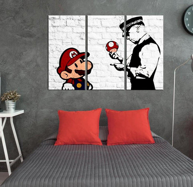 Stretched Canvas Street Art - Banksy: Mario And Police Officer On White Wall 3 Piece