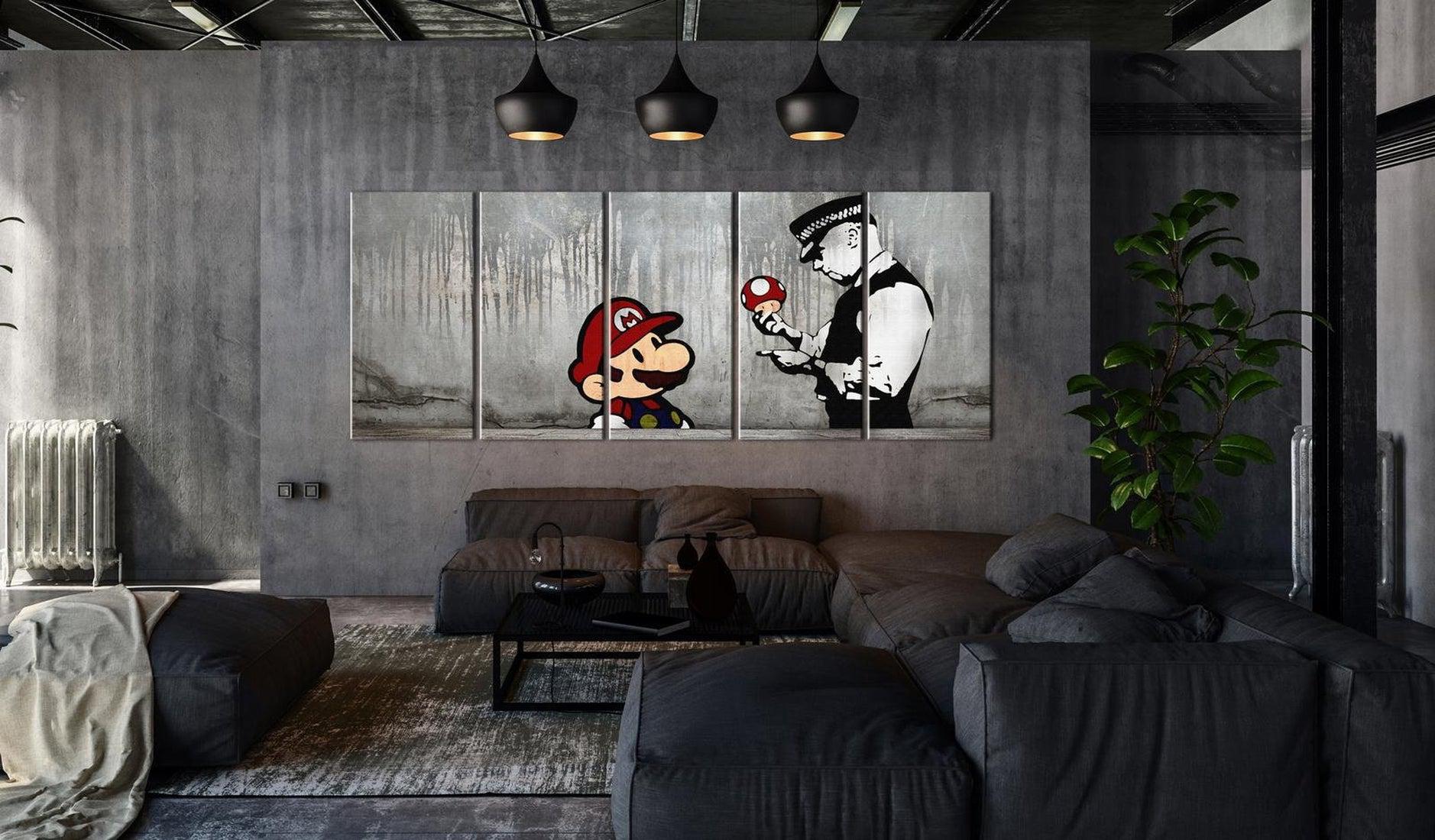 Stretched Canvas Street Art - Banksy: Mario Bros On Concrete 5 Piece