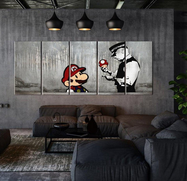 Stretched Canvas Street Art - Banksy: Mario Bros On Concrete 5 Piece