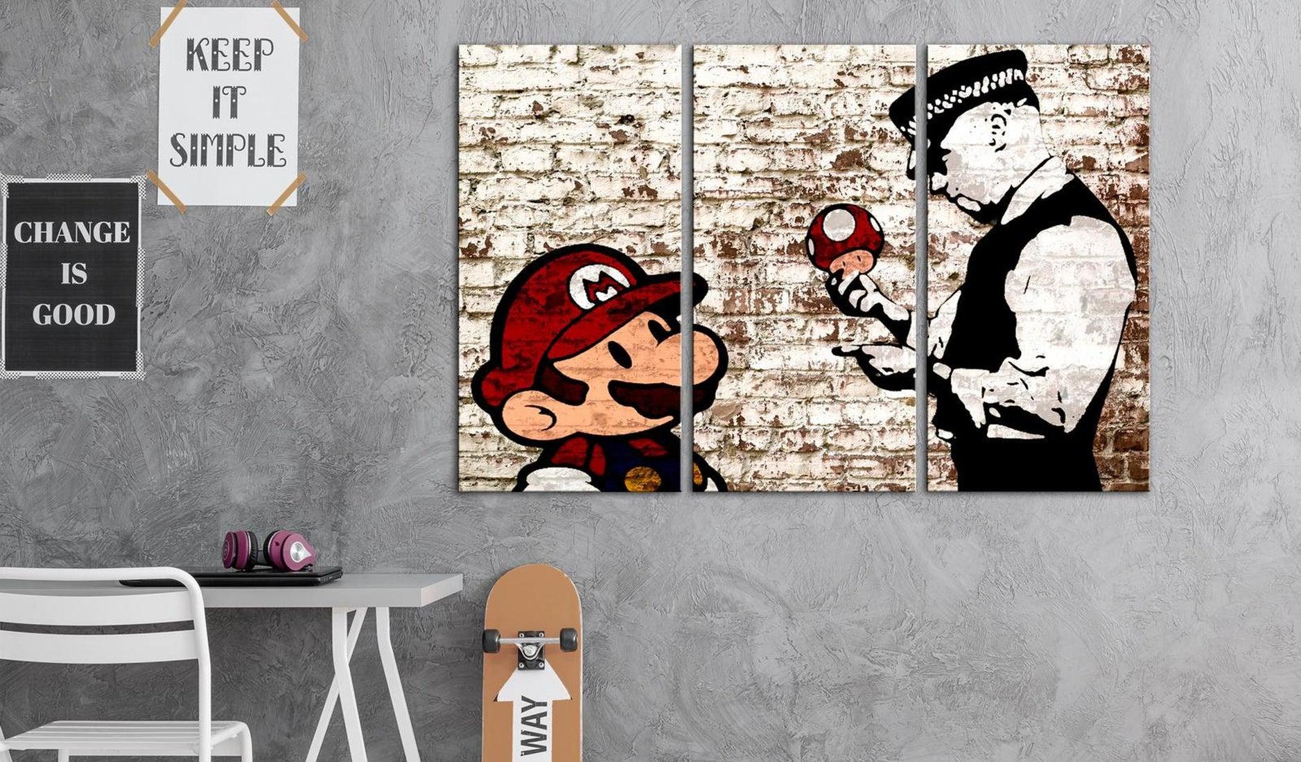 Stretched Canvas Street Art - Banksy: Mario Bros On Torn Wall 3 Piece