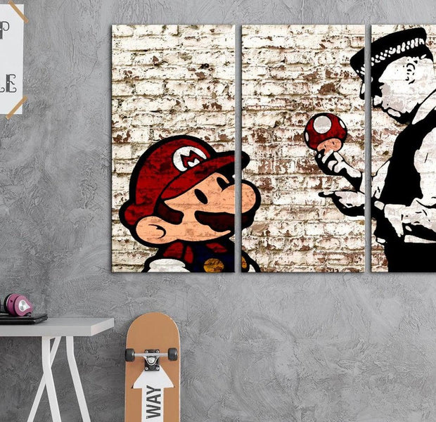 Stretched Canvas Street Art - Banksy: Mario Bros On Torn Wall 3 Piece