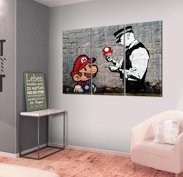 Stretched Canvas Street Art - Banksy: Mario Mushroom Cop 3 Piece