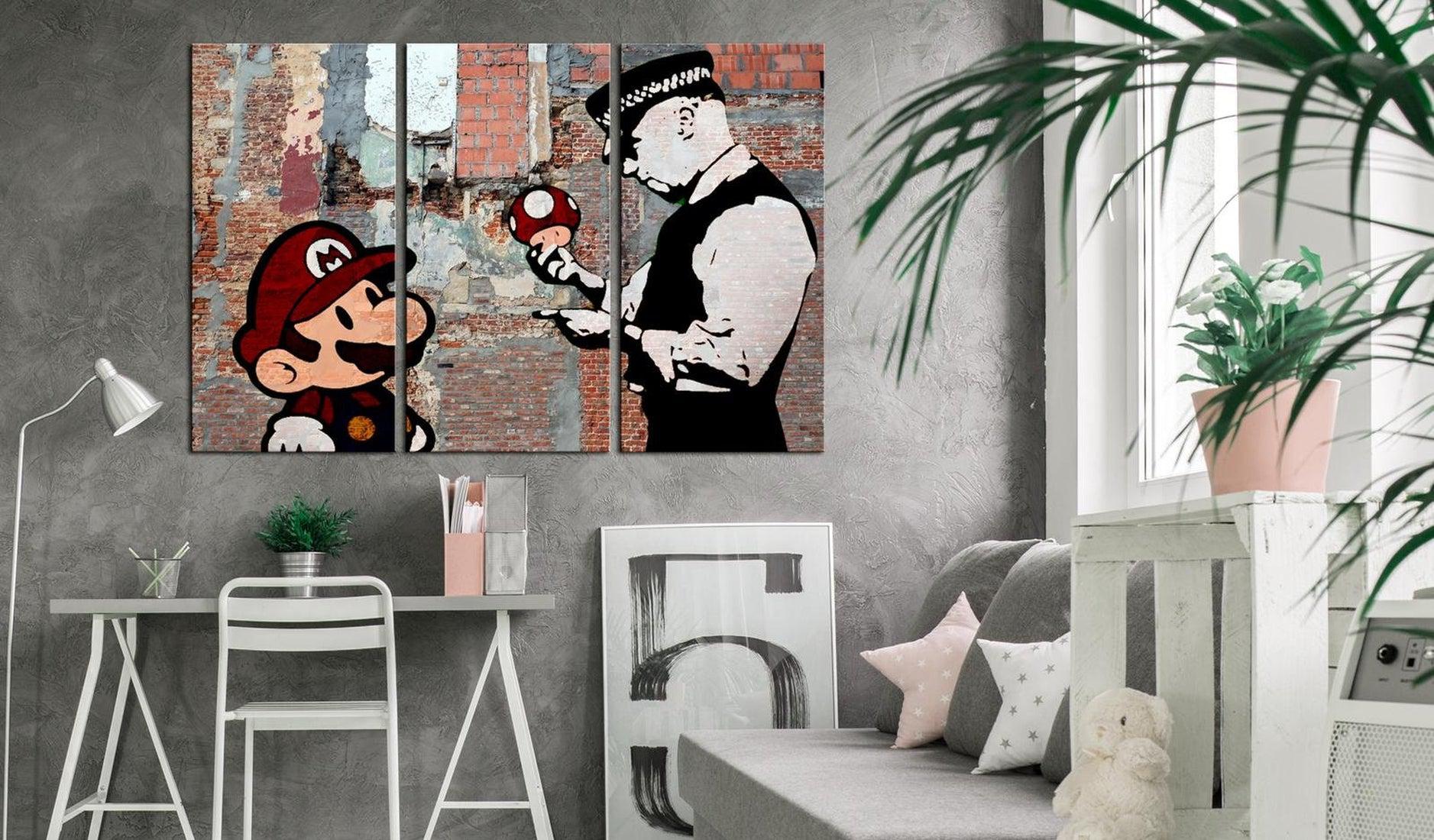 Stretched Canvas Street Art - Banksy: Mario Old Wall 3 Piece
