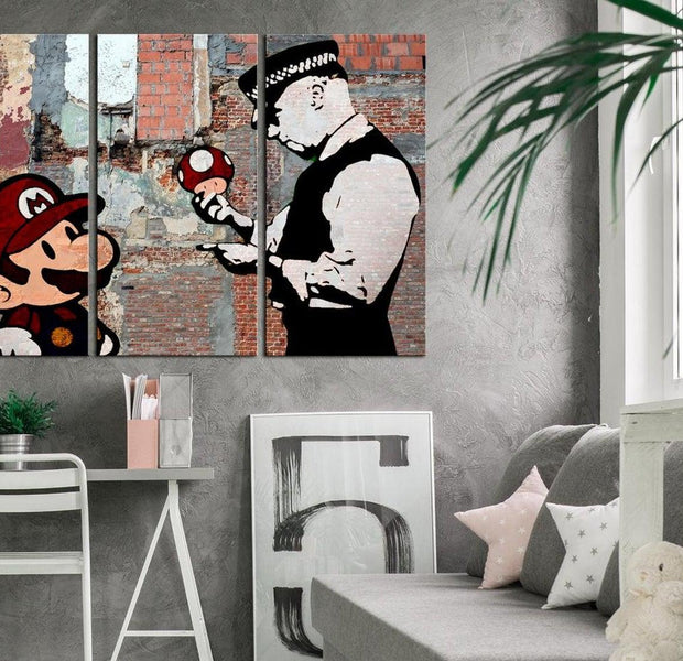 Stretched Canvas Street Art - Banksy: Mario Old Wall 3 Piece